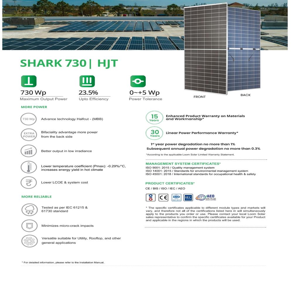 Loom 730W Solar SHARK Series HJT Dual-Glass Module High-Efficiency N-Type Bifacial Half-Cell Panel