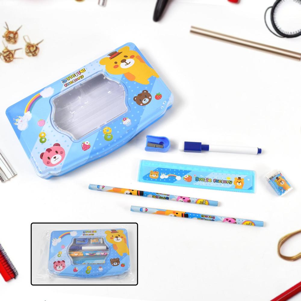 Cartoon Metal Compass Box For Kids With Stationery (6 Pc Set)