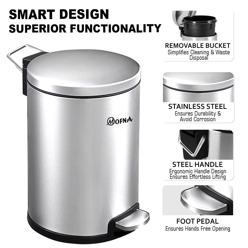 Mofna Stainless Steel Plain Silver Pedal Dustbin 5 Liter