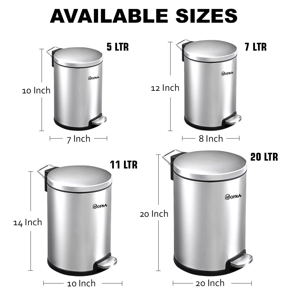 Mofna Stainless Steel Plain Silver Pedal Dustbin 5 Liter