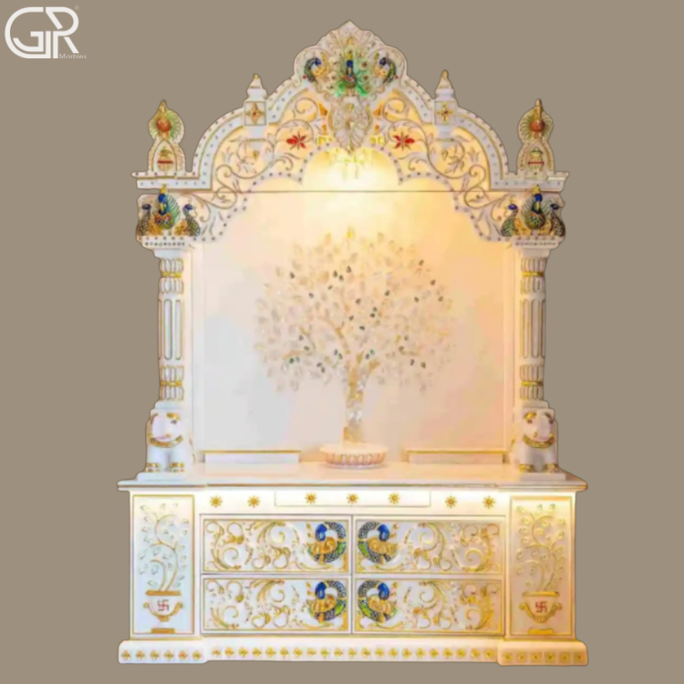 Painted White Marble Pooja Mandir