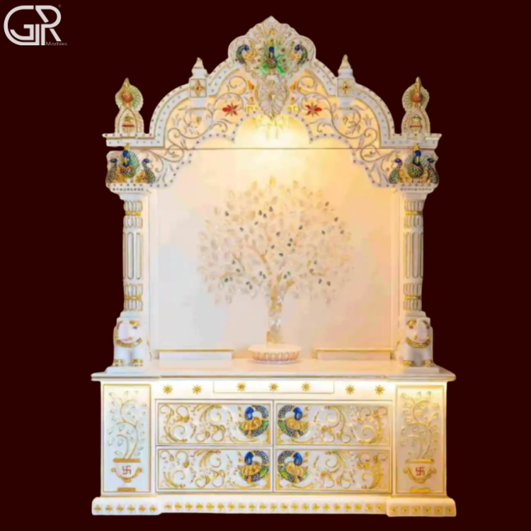 Painted White Marble Pooja Mandir