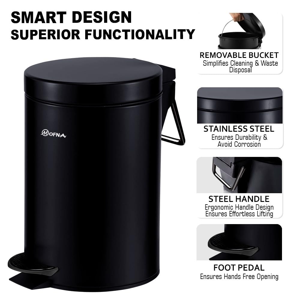 Mofna Stainless Steel Black Pedal Dustbin 7 Liter