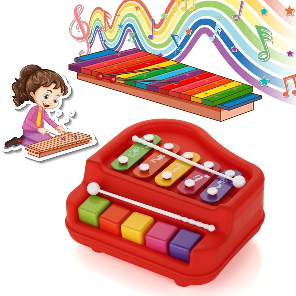 2 in 1 Baby Piano Xylophone Toy for Toddlers, 5 Multicolored Key Keyboard Xylophone Piano, Preschool Educational Musical Learning Instruments Toy for Baby Kids Girls Boys 3+ Years(1 Pc)