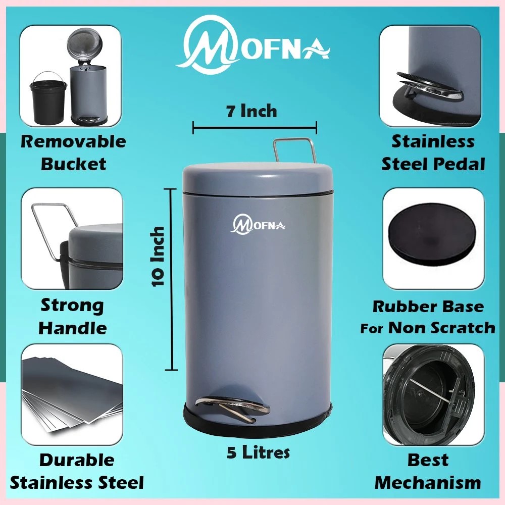 Mofna Stainless Steel Grey Pedal Dustbin 35 Liter