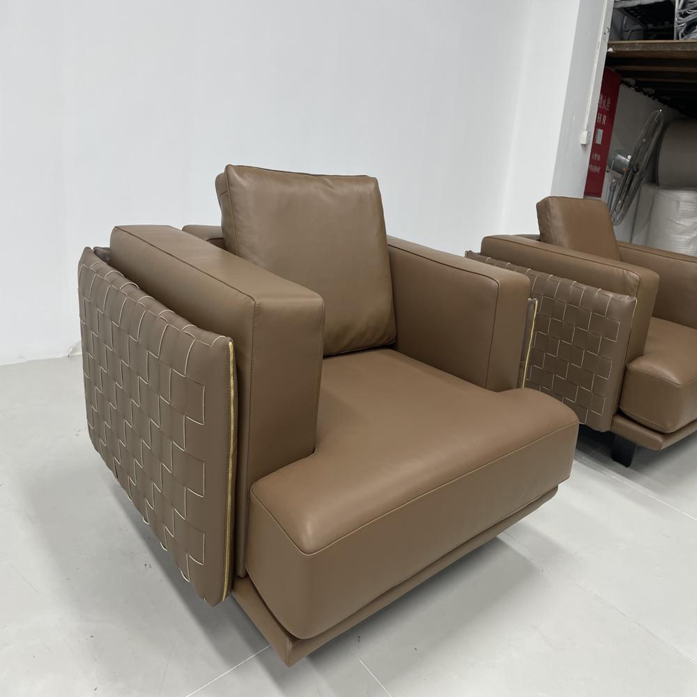 Woven Leather Armchair, Italian Minimalist Brown Single Sofa