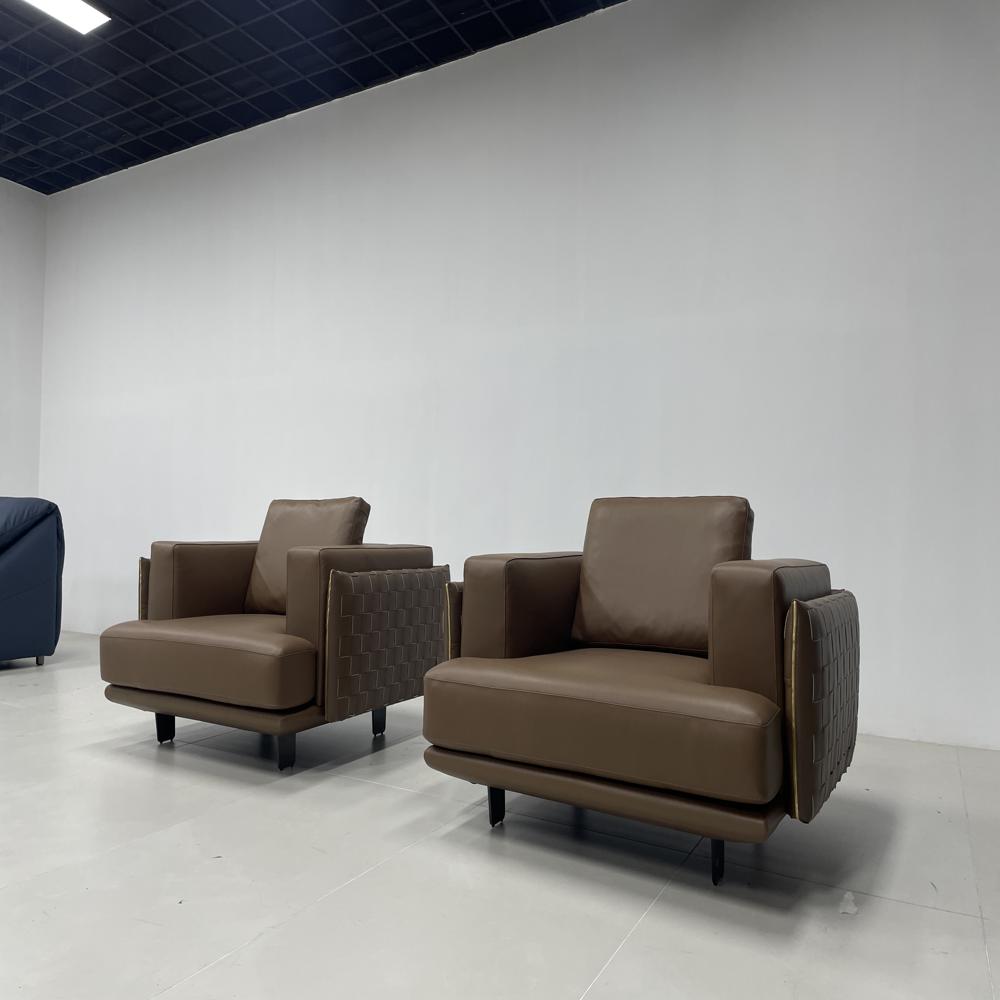 Woven Leather Armchair, Italian Minimalist Brown Single Sofa