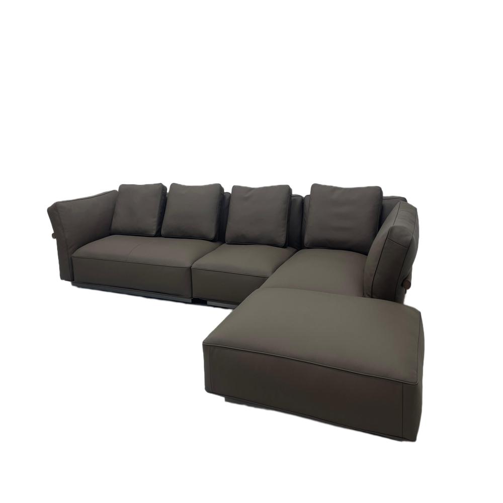 Camelot Sofa, Italian Minimalist Dark Grey Leather L-Shaped Sectional