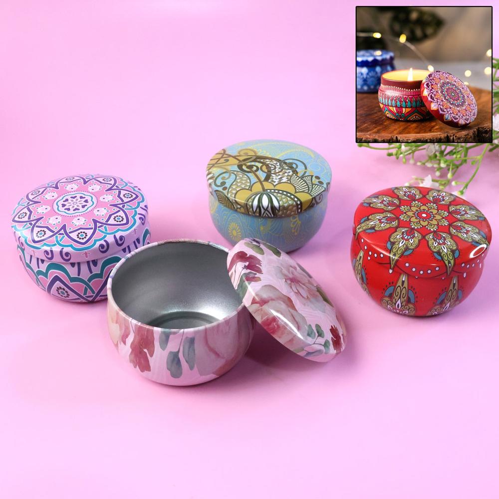 Premium Decorative Mandala Printed Metal Candle Container (4 Pc) - Color: Mix