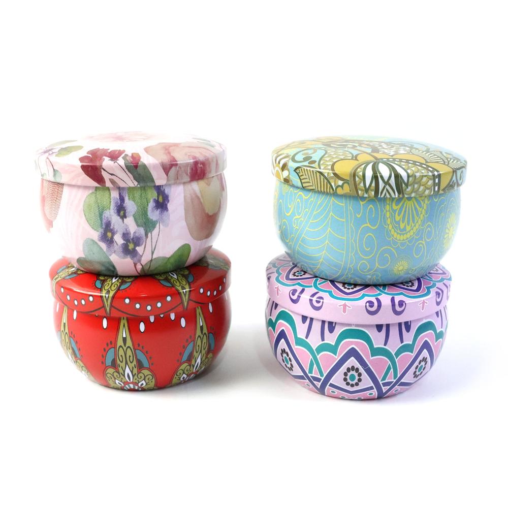 Premium Decorative Mandala Printed Metal Candle Container (4 Pc)