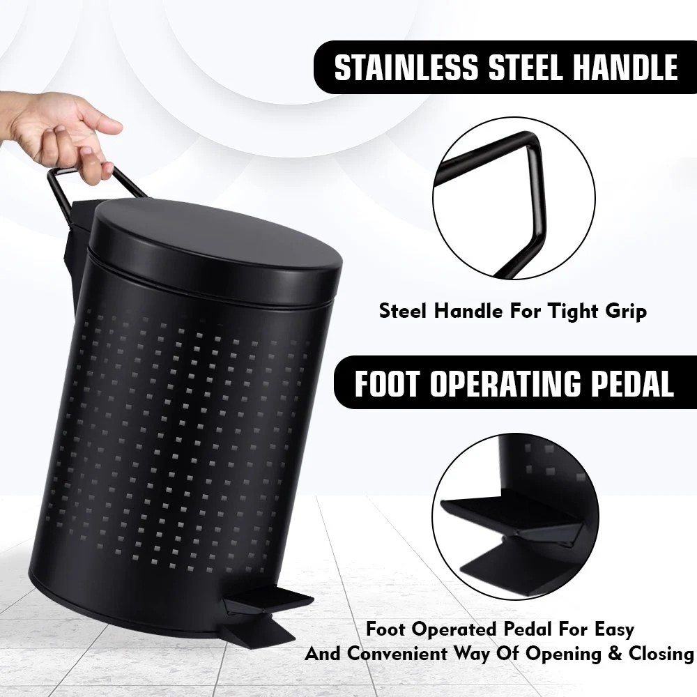 Mofna Stainless Steel Black Pedal Perforated Dustbin 7 Liter