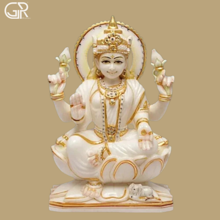 Maa Laxmi Marble Statue - White Marble, 36 Inch, Polished & Painted | Intricate Carved Design, Freestanding, Multicolor Accents