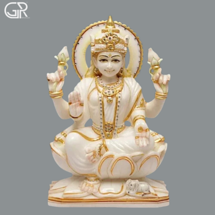 Maa Laxmi Marble Statue - White Marble, 36 Inch, Polished & Painted | Intricate Carved Design, Freestanding, Multicolor Accents