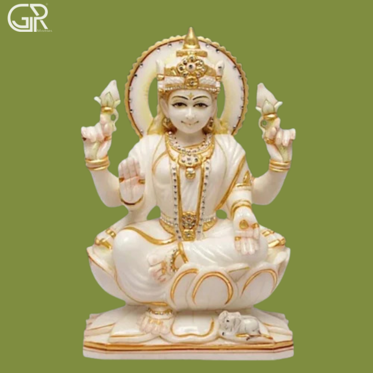 Maa Laxmi Marble Statue - White Marble, 36 Inch, Polished & Painted | Intricate Carved Design, Freestanding, Multicolor Accents