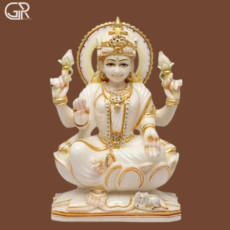 Maa Laxmi Marble Statue - White Marble, 36 Inch, Polished & Painted | Intricate Carved Design, Freestanding, Multicolor Accents
