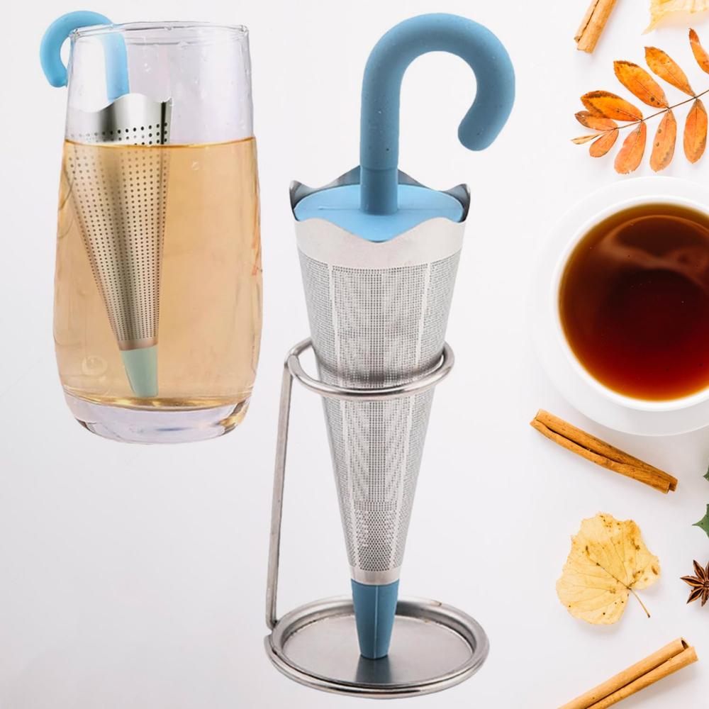 Reusable Cute Umbrella Tea Strainer With Tray / Stand (1 Pc) - Color: Mix