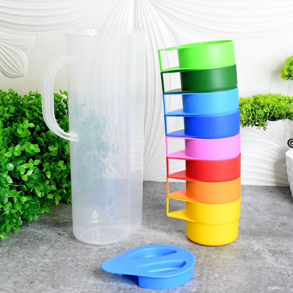 Rainbow Picnic Plastic Pitcher / Jug / Kettle Glass / Cup Set Water (9 Pcs Set) - Color: Mix