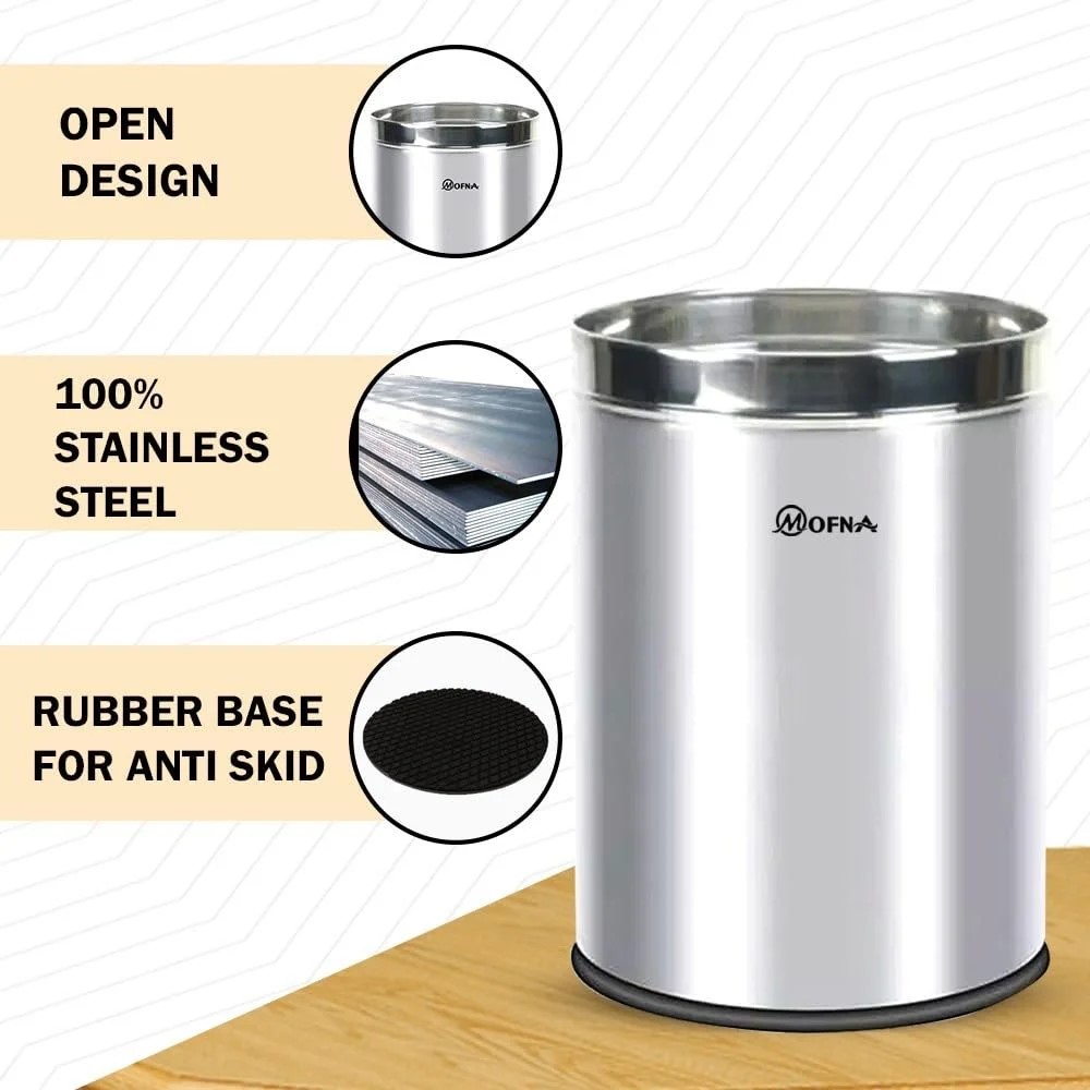 Mofna Stainless Steel Silver Solid Open Dustbin 5 Liter