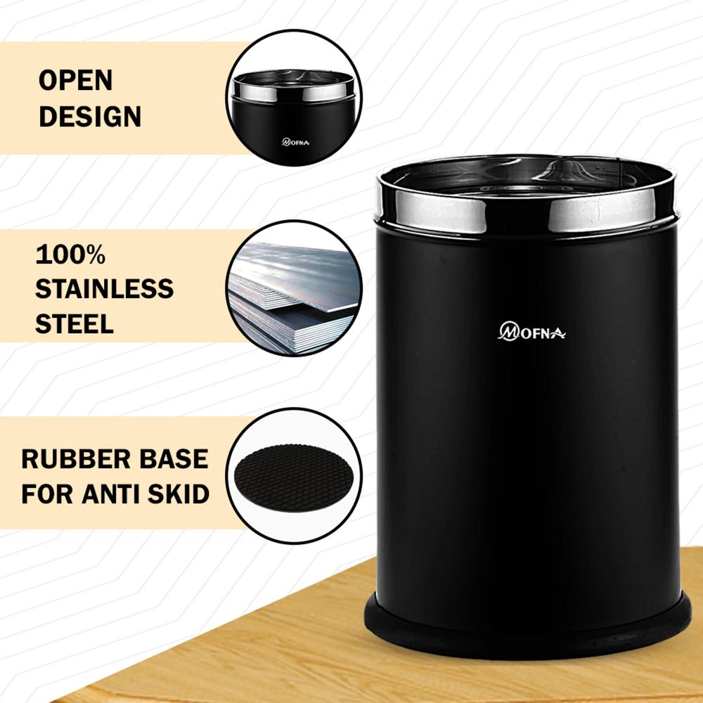 Mofna Stainless Steel Black Solid Open Dustbin 10 Liter