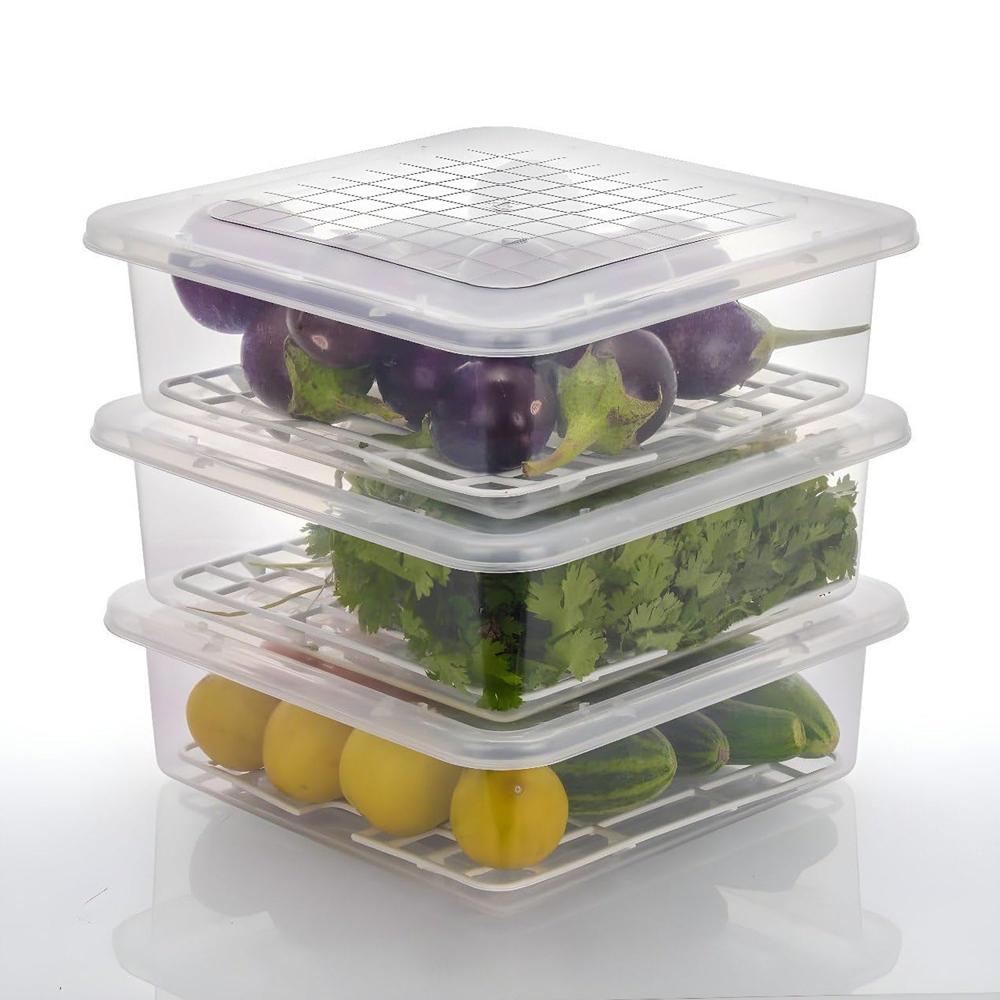 Plastic Food Storage Containers With Removable Drain Tray And Lid (3 Pcs Set) - Color: Mix