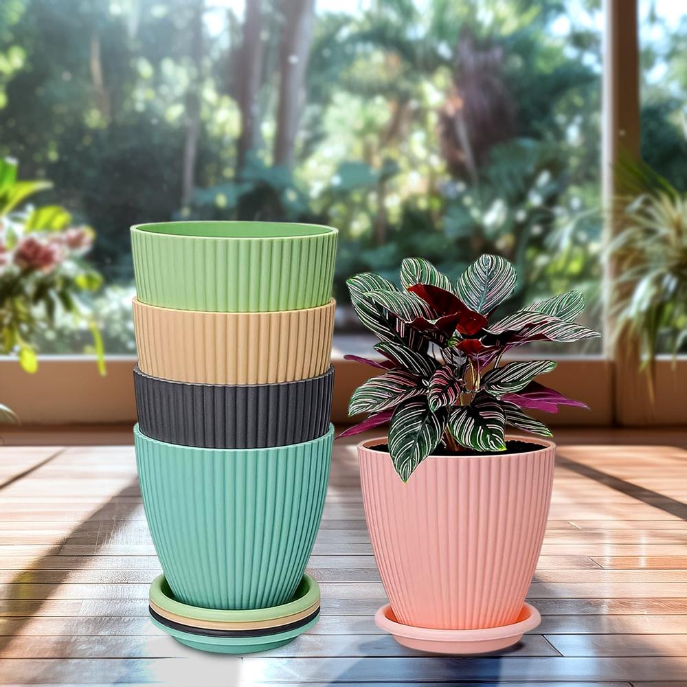 Round Flower Pot With Bottom Tray (5 Pcs Set / Small / 1416 Cm) - Color: Mix