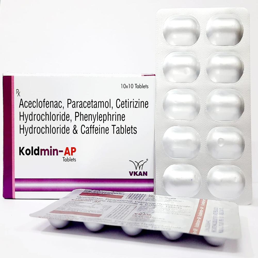 Aceclofenac 100mg + Paracetamol 325mg + Cetirizine 10mg + Phenylephrine 5mg + Caffeine 25mg Tablets