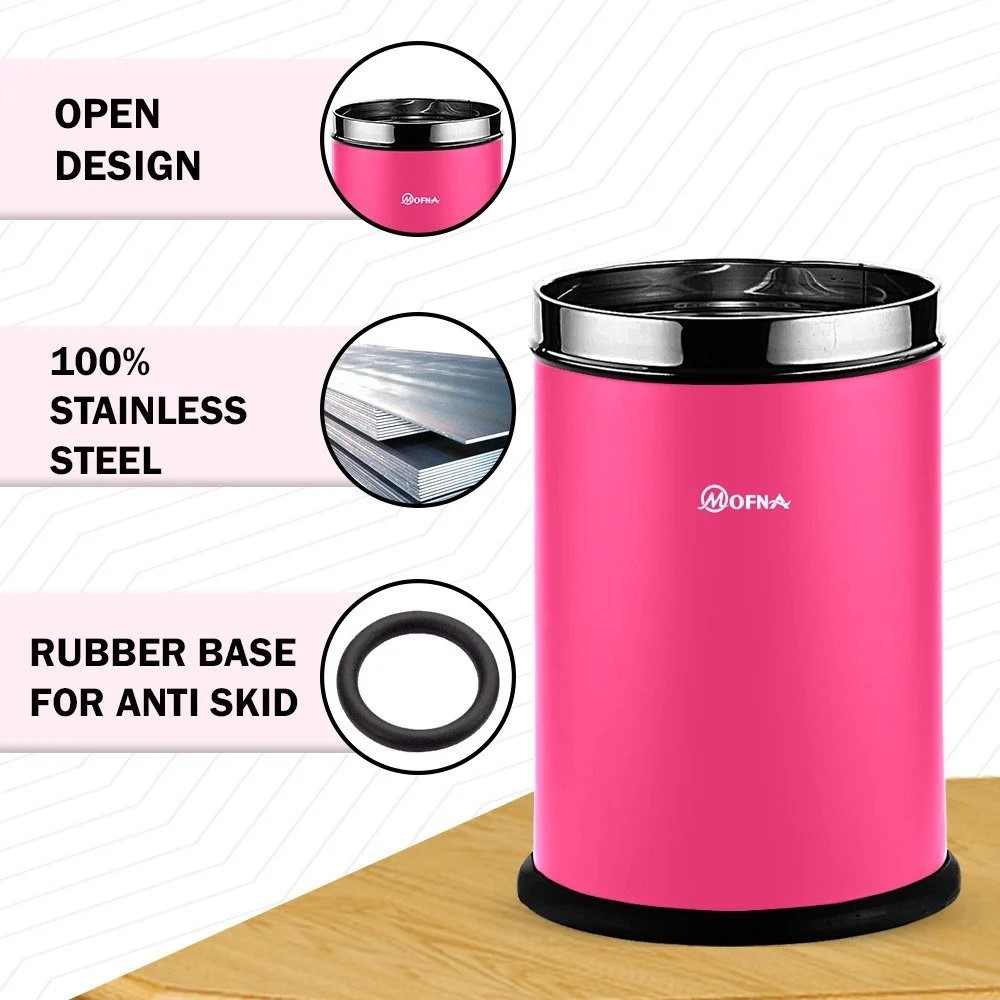 Mofna Stainless Steel Pink Solid Open Dustbin 22 Liter