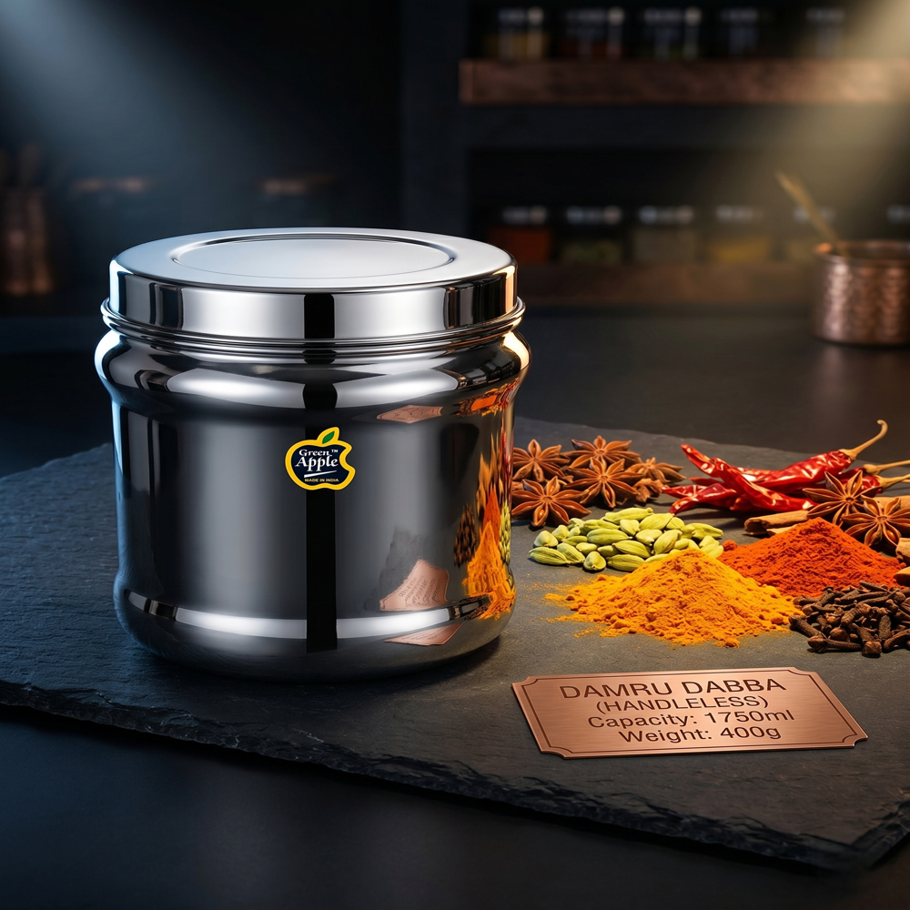 Premium 1750ML Stainless Steel Damru Dabba | Designer Kitchen Storage Canister by Green Apple | Export & Wholesale