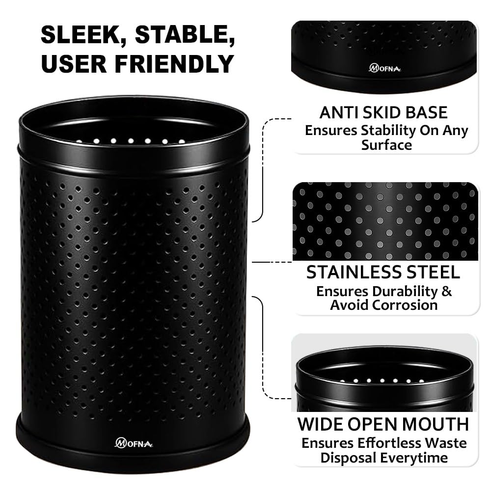 Mofna Stainless Steel Black Round Perforated Open Dustbin 5 Liter
