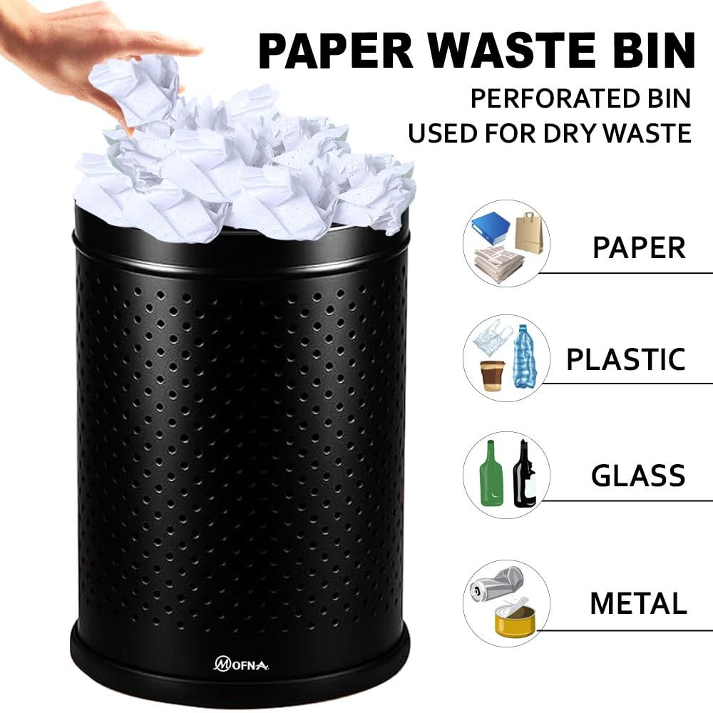 Mofna Stainless Steel Black Round Perforated Open Dustbin 5 Liter