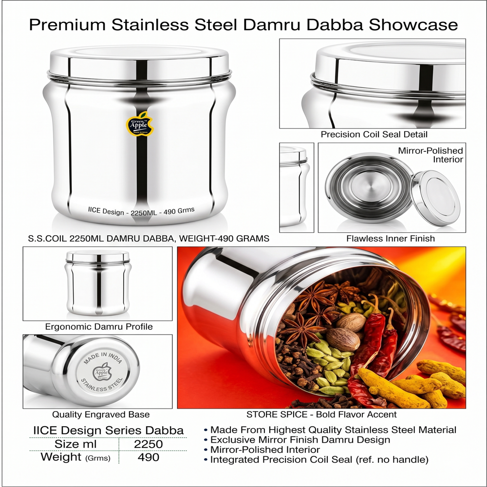 Premium Stainless Steel Damru Dabba (2250ML) | Designer Kitchen Storage Canister by Green Apple | Wholesale