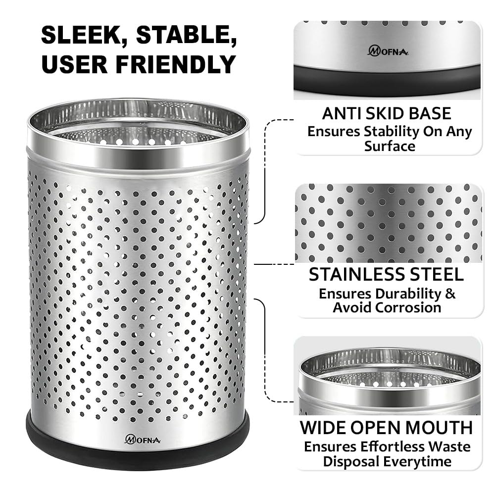 Mofna Stainless Steel Silver Round Perforated Open Dustin 10 Liter