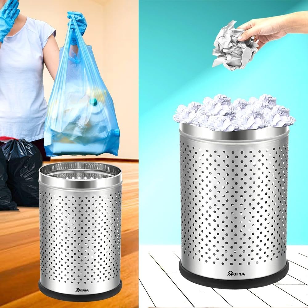 Mofna Stainless Steel Silver Round Perforated Open Dustin 10 Liter