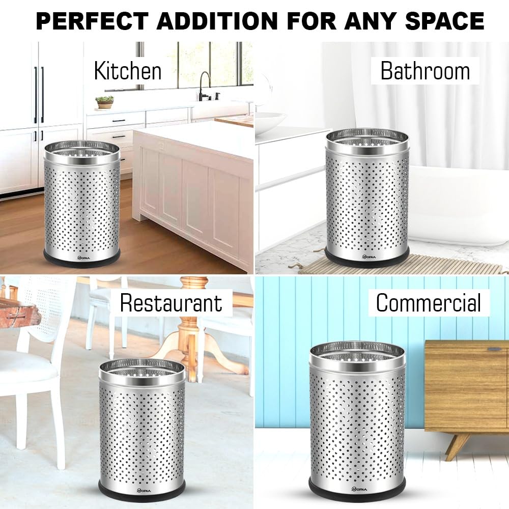 Mofna Stainless Steel Silver Round Perforated Open Dustin 10 Liter