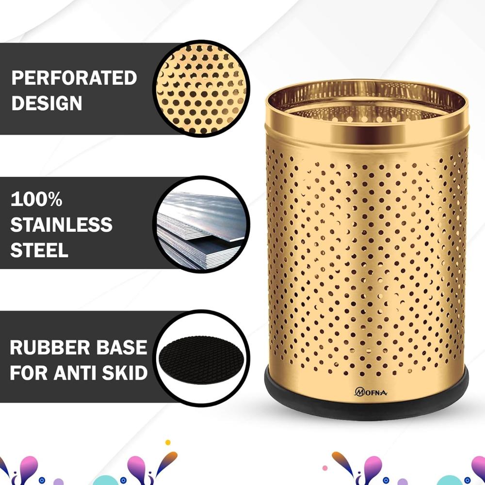 Mofna Stainless Steel Golden Round Perforated Open Dustbin 18 Liter