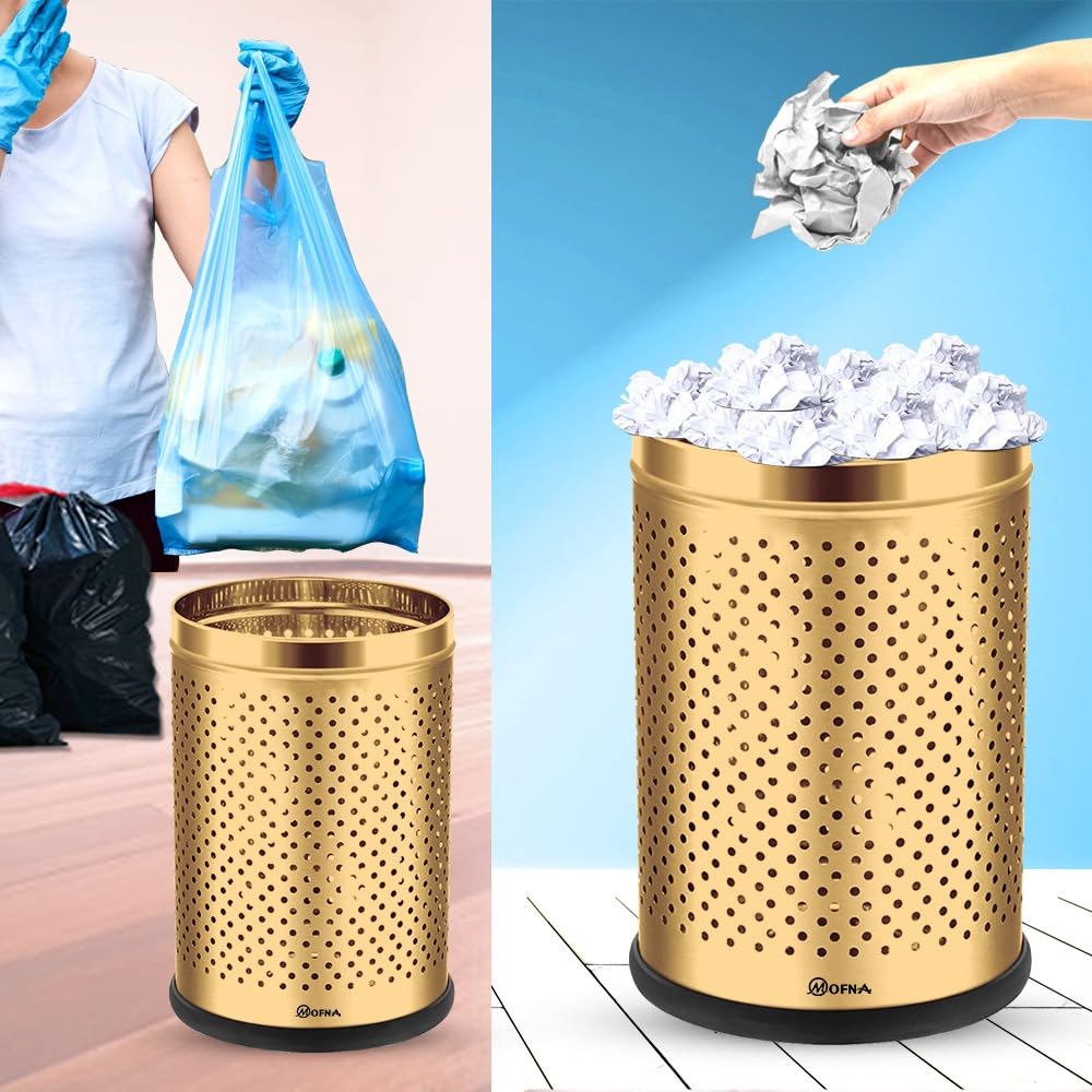 Mofna Stainless Steel Golden Round Perforated Open Dustbin 18 Liter