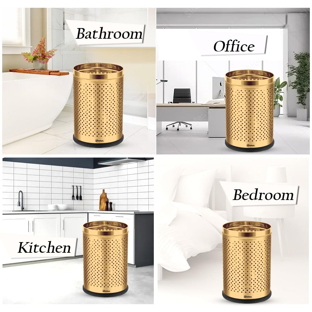 Mofna Stainless Steel Golden Round Perforated Open Dustbin 18 Liter