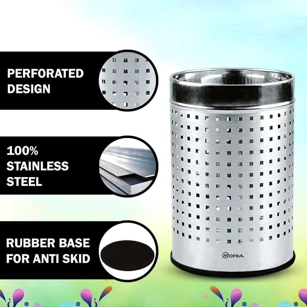 Mofna Stainless Steel Silver Square Perforated Open Dustbin 22 Liter