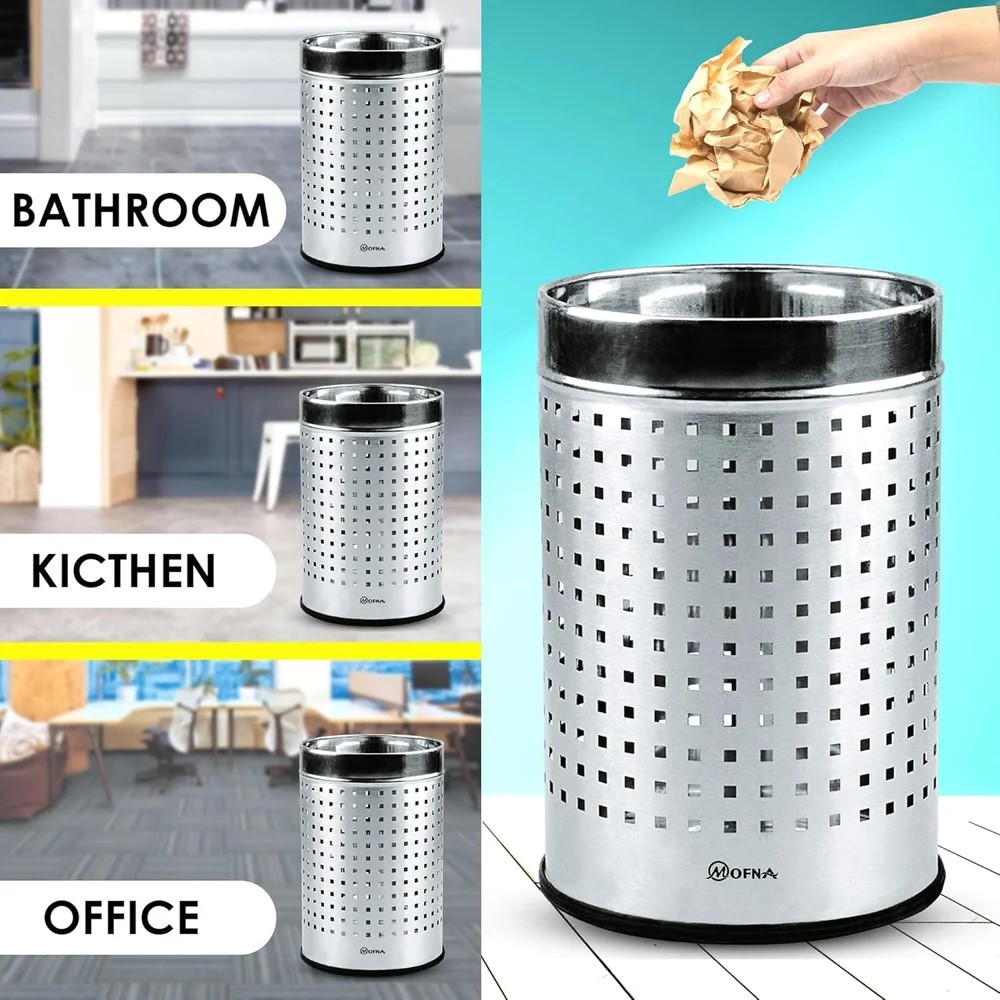 Mofna Stainless Steel Silver Square Perforated Open Dustbin 22 Liter
