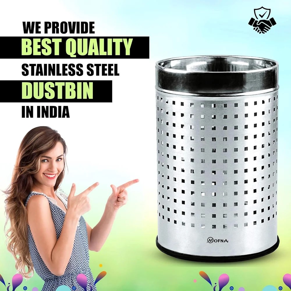 Mofna Stainless Steel Silver Square Perforated Open Dustbin 22 Liter