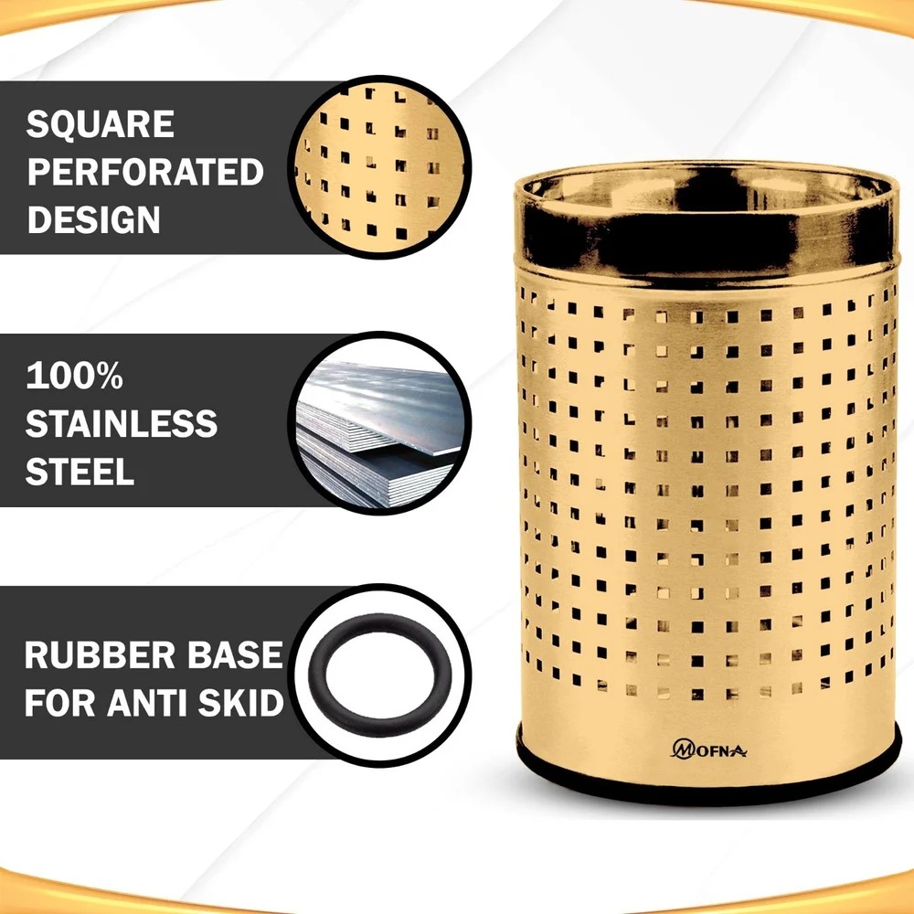 Mofna Stainless Steel Golden Square Perforated Open Dustbin 30 Liter