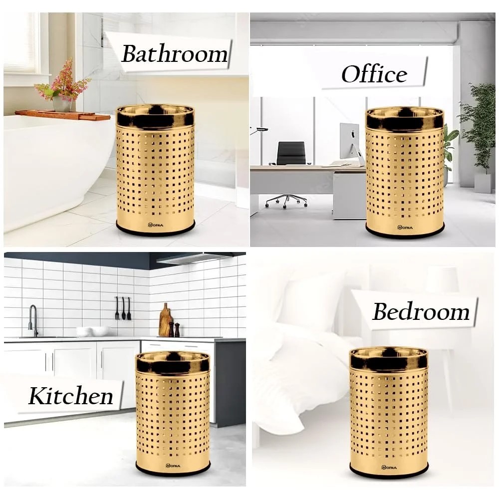 Mofna Stainless Steel Golden Square Perforated Open Dustbin 30 Liter