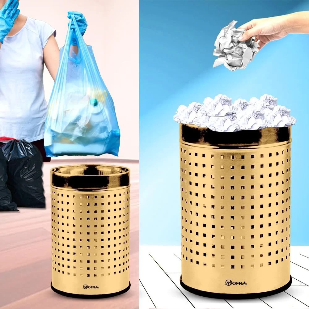 Mofna Stainless Steel Golden Square Perforated Open Dustbin 30 Liter