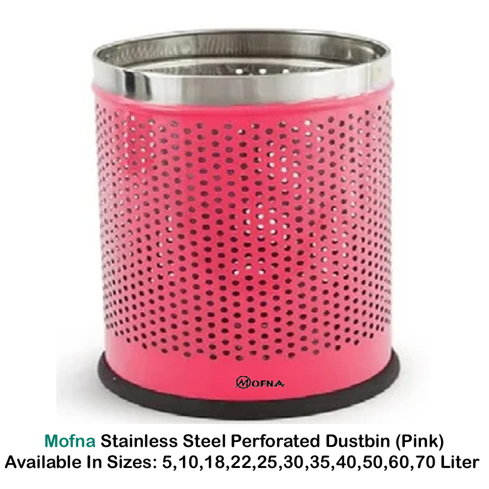 Mofna Stainless Steel Pink Round Perforated Open Dustbin 35 Liter