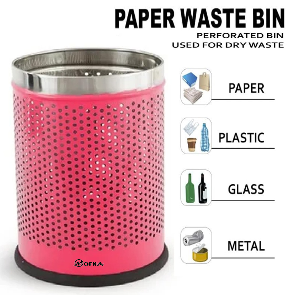 Mofna Stainless Steel Pink Round Perforated Open Dustbin 35 Liter
