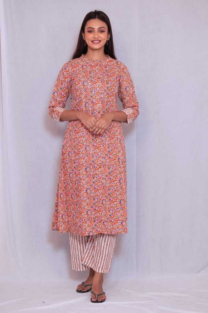 Fancy Rajwadi Cotton A-Line Kurti Pant Set Peach