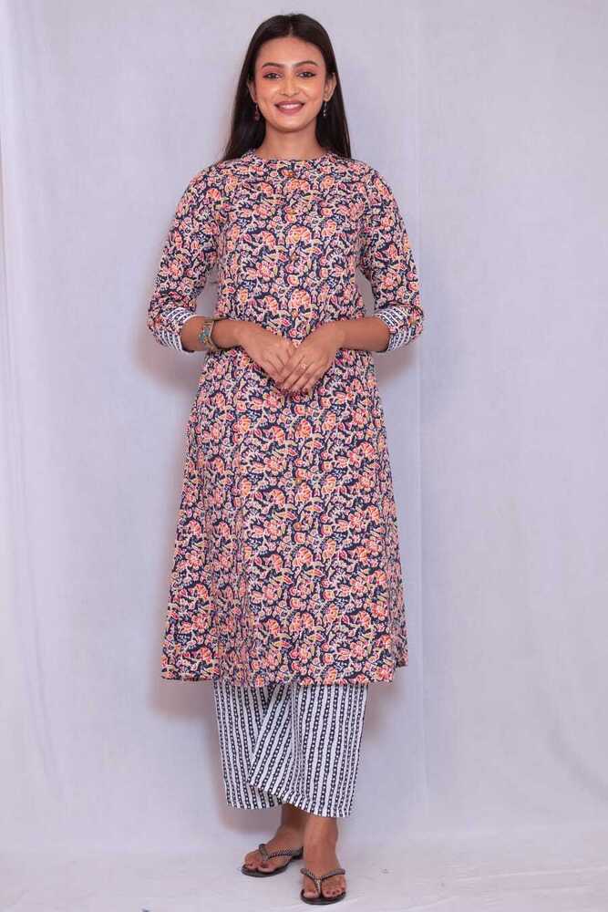 Printed Rajwadi Cotton A-Line Kurti Pant Set Multicoloured