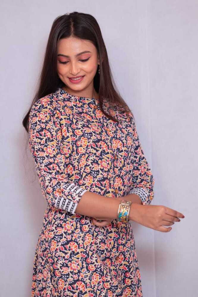 Printed Rajwadi Cotton A-Line Kurti Pant Set Multicoloured