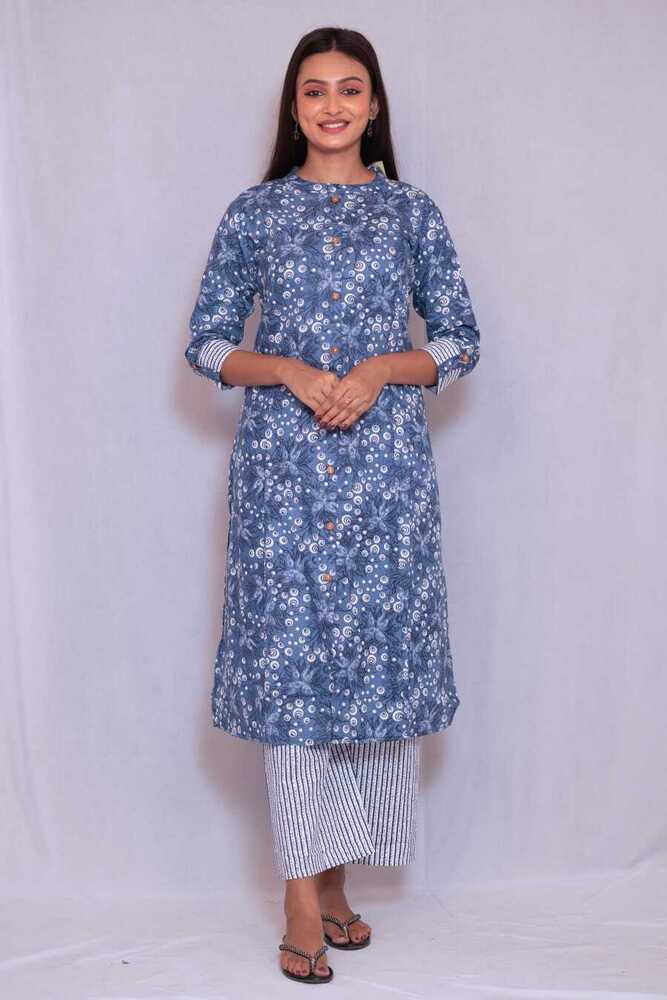 Blue Rajwadi Cotton A-Line Kurti Pant Set With Side Pocket
