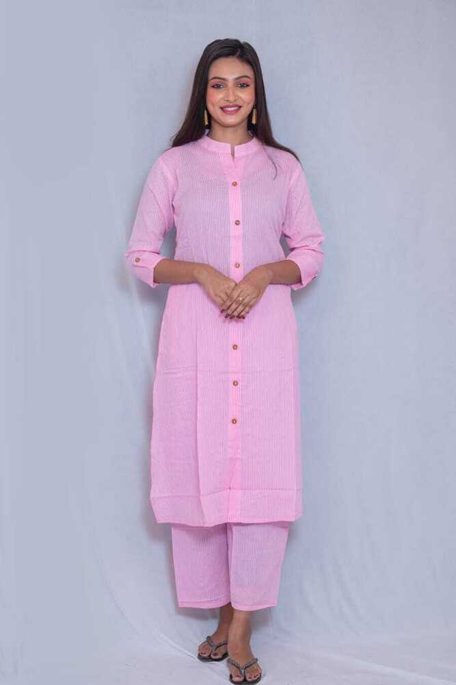 Pink Kantha Cotton A-Line Kurti Pant Set